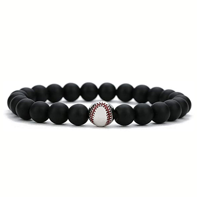Sports Style Baseball Bracelet Men's Frosted White Turquoise8mm Beaded Bracelet Elastic Cord Volcanic Stone Baseball Bracelet