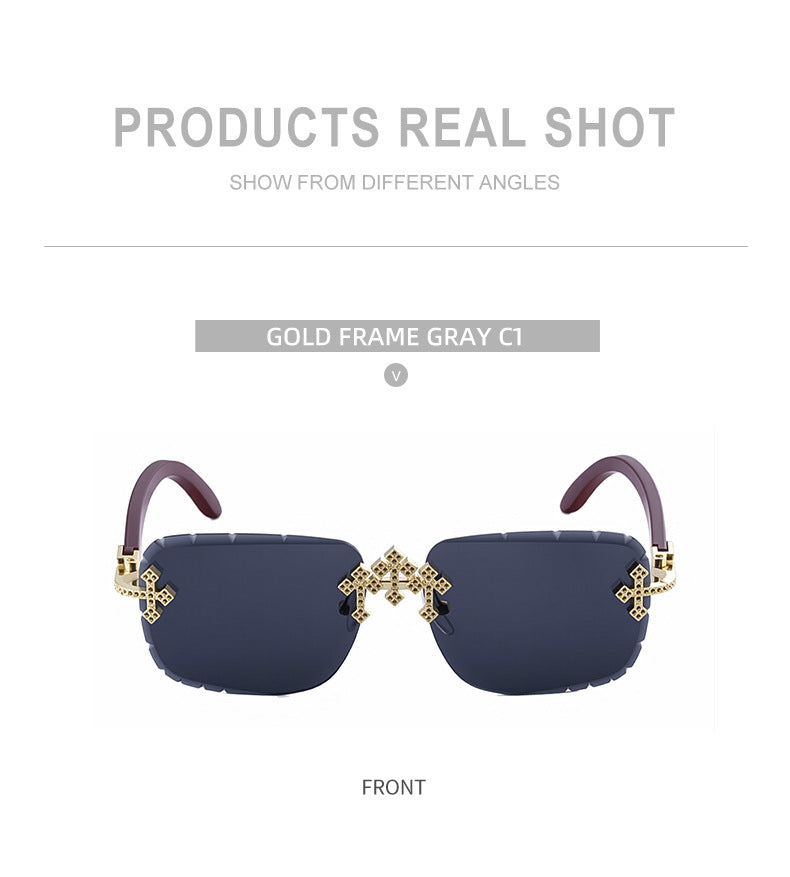 2025New European and American Retro Frameless Sunglasses for Men with Diamond Cut Edge and Imitation Wood Grain Temples Wholesale