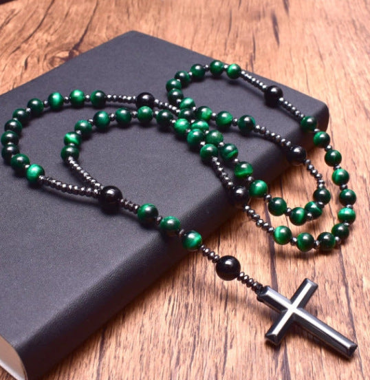 Men's Matte Stone Braided Rope Cross Necklace Natural Stone Beaded Long Necklace Tiger Eye Stone Cross Necklace