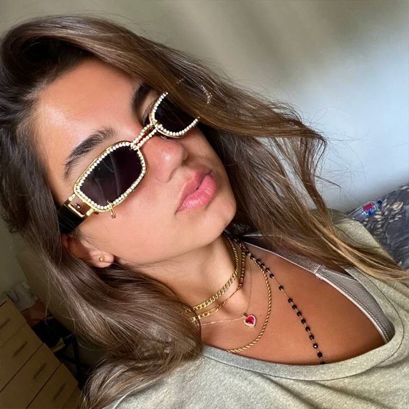 Korean Style gm Big Brand Same Style Sunglasses for Women Small Frame Hanging Ring Sunglasses for Men ins Diamond-encrusted Sunscreen Internet Celebrity Sunglasses
