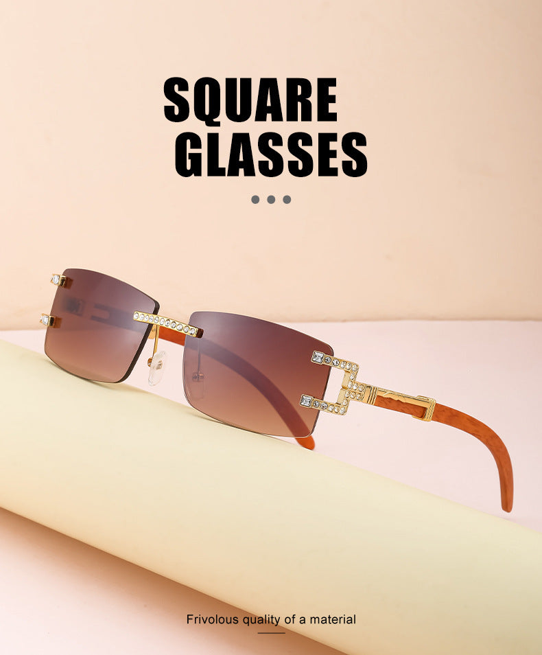 Imitation Wood Grain Leg Retro Sunglasses for Men Fashion Trend Diamond-Studded Rimless Sunglasses Men's Sun Protection Square Frame Glasses Street Style