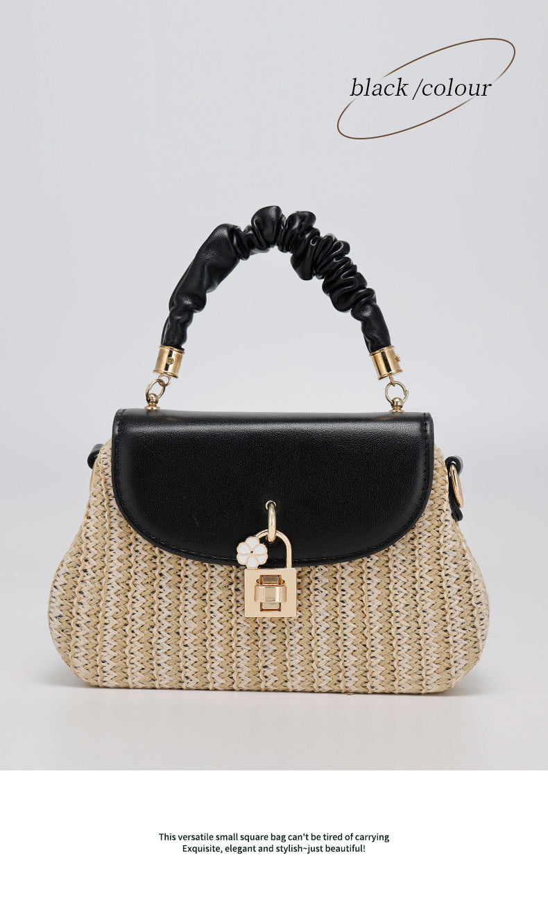 Summer New Style Straw Bag Fashion Box Bag Single Shoulder Crossbody Pleated Handbag Beach Vacation Ethnic Style Women's Bag