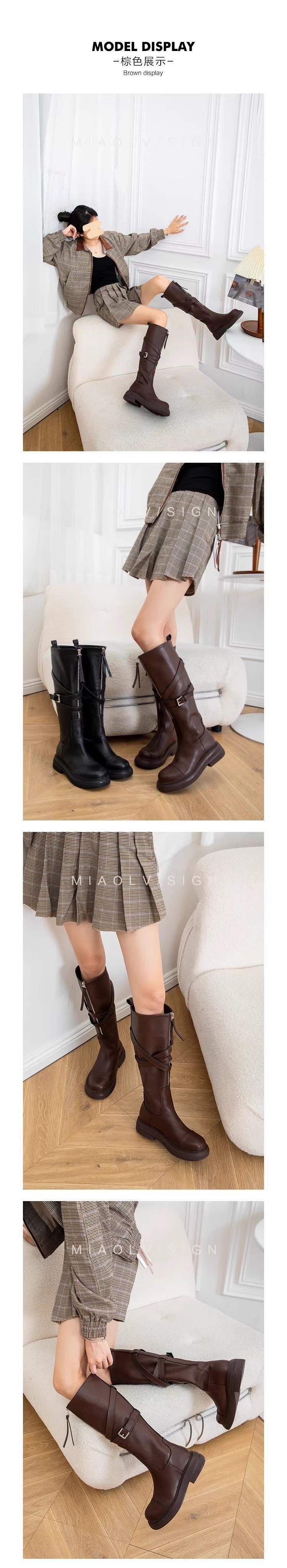 Internet Celebrity Same Style Autumn Medela~Thick-Soled Knight Boots Autumn Winter Retro Style Front Zipper Ghost Emperor Boots Long Boots for Women