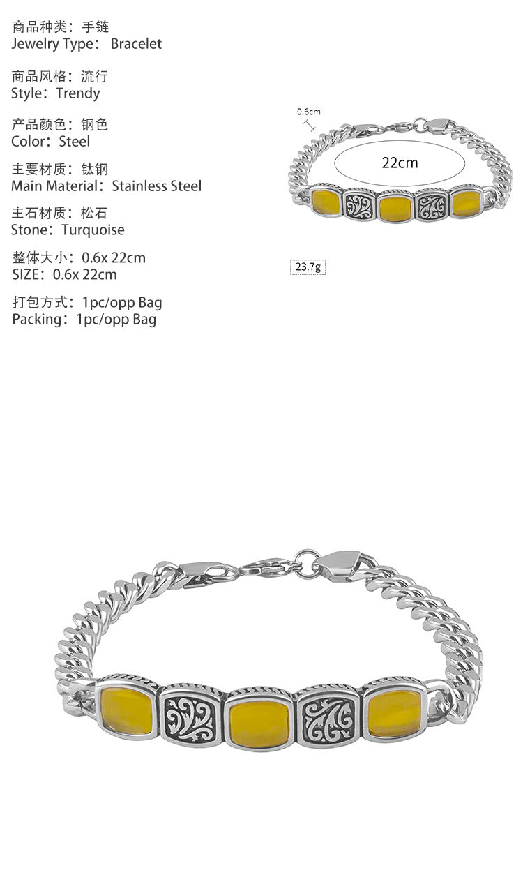 New Ethnic Style Stainless Steel Orange Gemstone Bracelet Vintage Versatile Unisex Titanium Steel Jewelry