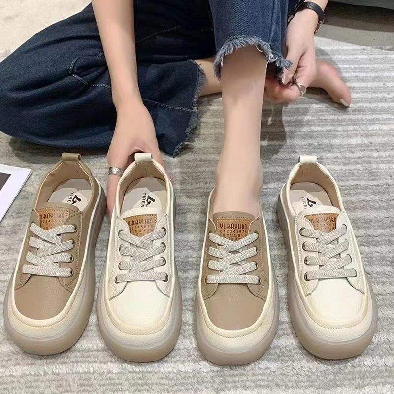 2025Autumn New Fashion Versatile Soft Sole Soft Surface Lace-up Casual White Shoes Slip-on Thick Sole Women's Single Shoes