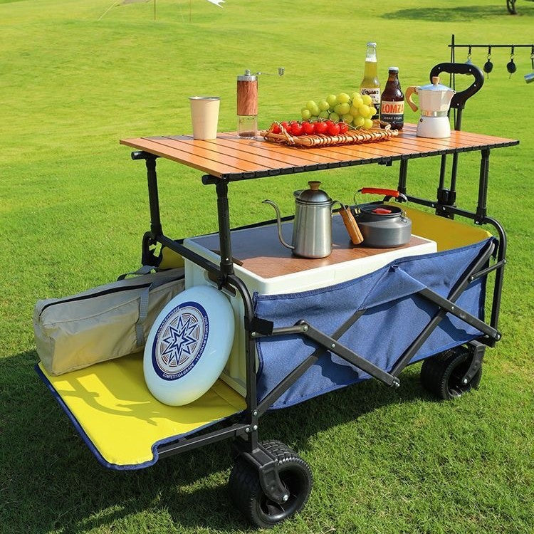 Outdoor Camping Hand-Pulled Stall Cart Reinforced Rear-Opening Picnic Can Be Used at Home with Liftable Table Board Camp Cart Off-Road Wheels