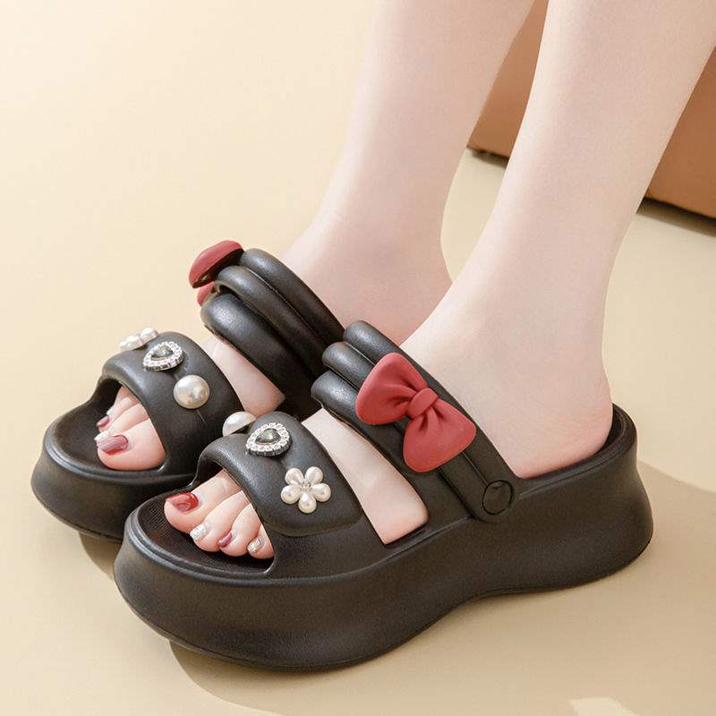 Thick Bottom eva Women's Summer New Indoor Slippers ins Cute Bowknot Sandals Non-Slip Height Increasing Outdoor Fashion