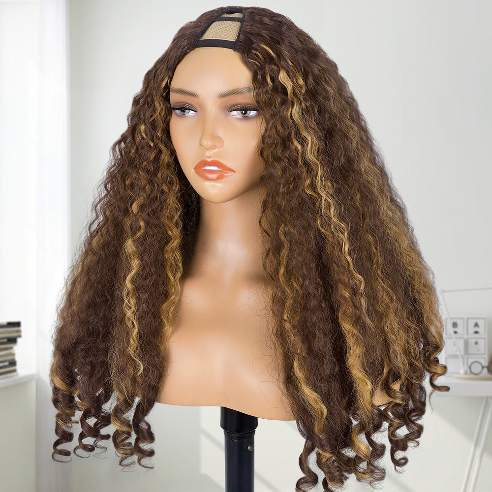 Africa YAKI Curl Synthetic Hair V part Wig Top of Head Hollow Out