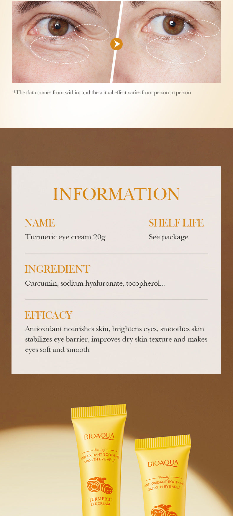 BIOAOUA Turmeric Antioxidant Soothing Eye Cream Brightening, moisturizing and moisturizing eye cream  foreign trade wholesale
