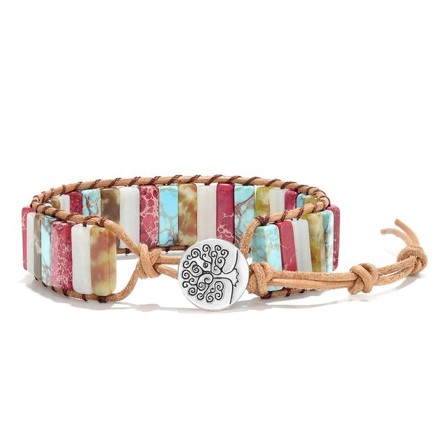 European and American Style Women's Bohemian Bracelet Vintage Emperor Stone Bracelet Handmade Woven Leather Cord Bracelet