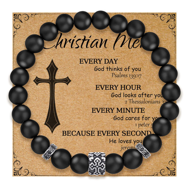 Men's Cross Bracelet Natural Stone8mm Beaded Bracelet Card Cross Spacer Black Matte Bracelet
