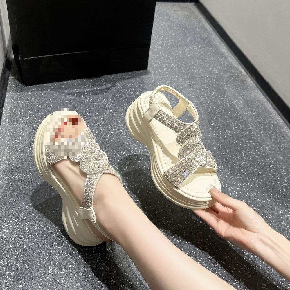 Trendy Summer High Heel Sandals7cm Rhinestone Fish Mouth Thick Sole Sandals Versatile Breathable