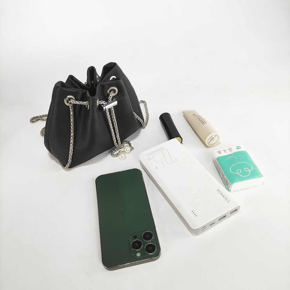 Niche Genuine Leather Bucket Bag for Women2024New Mini Small Bag Top Layer Cowhide Autumn Chain Shoulder Crossbody Bag