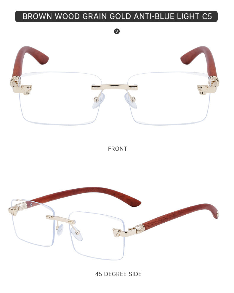 European and American Retro Frameless Sunglasses for Men with Imitation Wood Grain Temples, Men's Mountaineering Glasses shades