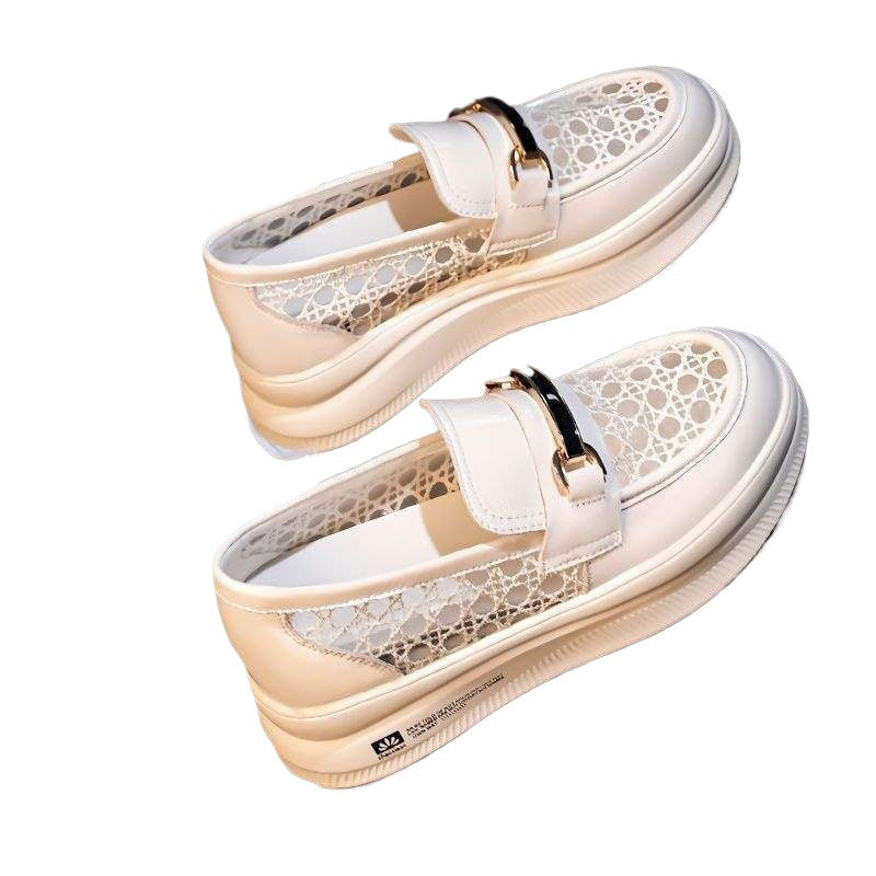 2025New Year's Casual Versatile Wedge Thick-Soled Loafers Summer Breathable Mesh Height-Increasing White Shoes for Women