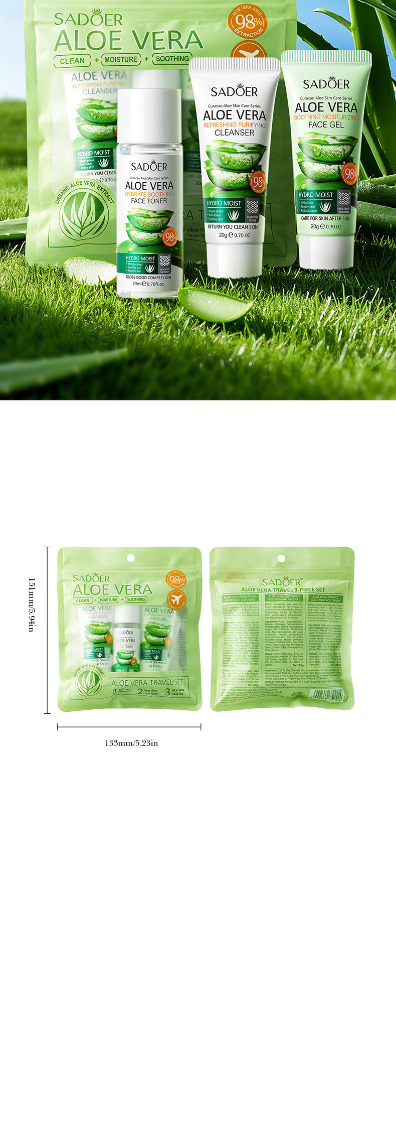 Full English Aloe Vera Travel Three-Piece Set SADOER Aloe Vera Gel Toner Facial Cleanser  Wholesale