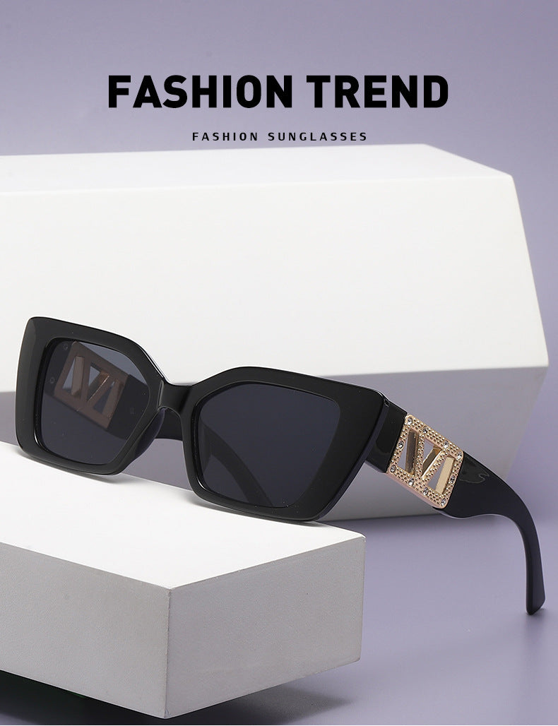 European and American Fashion Small Square Frame Sunglasses for Women, High-End Trendy Cat Eye Diamond-Studded Men's Driving Sunglasses