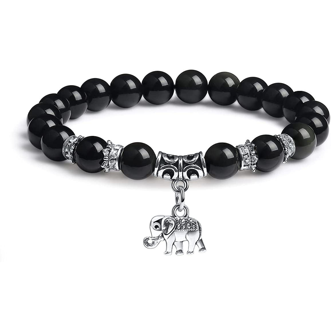 Men's White Pine Bracelet8mm Bead Spacer Tiger Eye Stone Blue Dot Natural Black Agate Elephant Pendant Bracelet