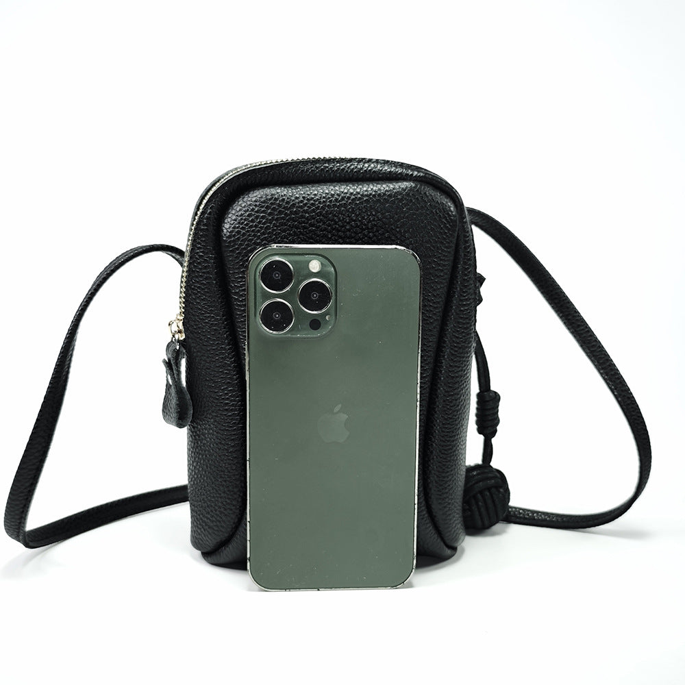 Niche Genuine Leather Phone Bag for Women2025Korean Style Fashion Versatile Lightweight Woven Ball Small Crossbody Bag