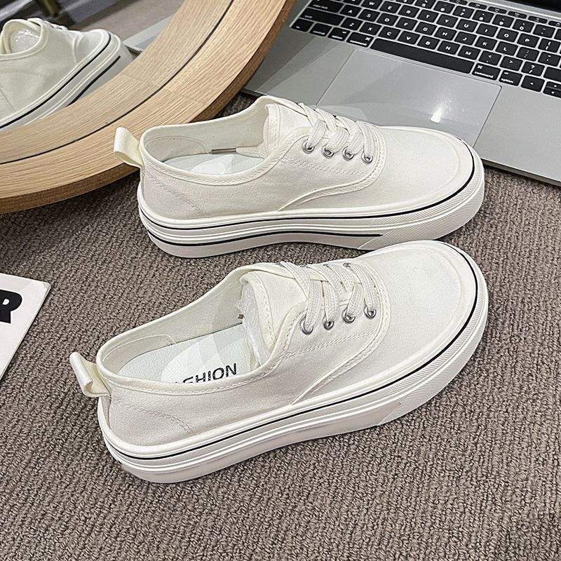 Black canvas shoes for female students Korean style new sneakers2025Spring Japanese Style Thick-Soled Casual Dopamine White Sneakers