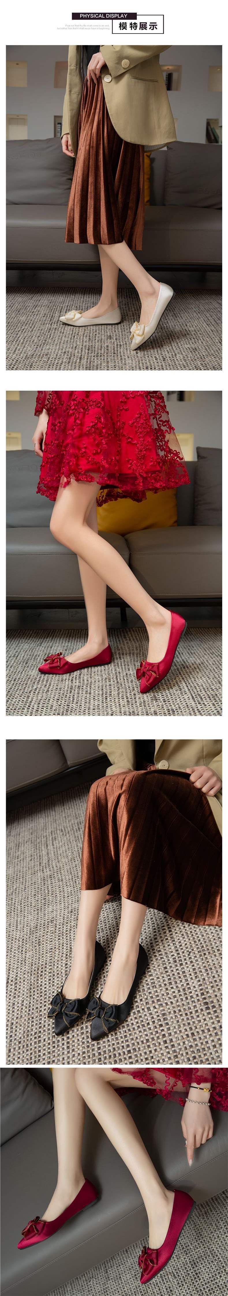 Red Wedding Shoes Bow2025New Women's Single Shoes Spring Autumn Versatile Shallow Mouth Pointed Toe Flat Bride Bridesmaid Shoes Trendy