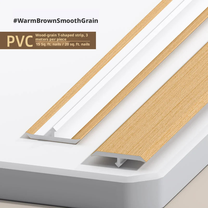PVC wood-grain T-shaped strip in warm brown smooth grain finish, ideal for interior design.