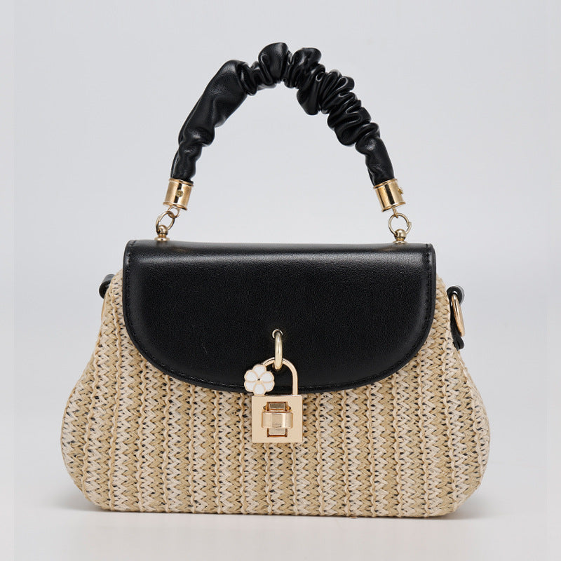 Summer New Style Straw Bag Fashion Box Bag Single Shoulder Crossbody Pleated Handbag Beach Vacation Ethnic Style Women's Bag
