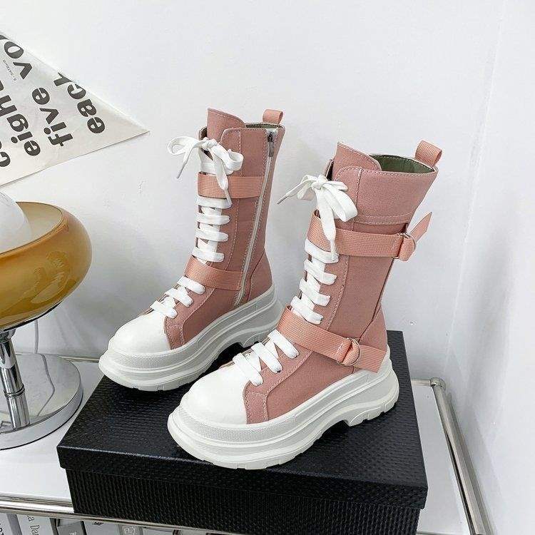 2025Summer New Korean Style High-Top Canvas Martin Boots High Heel Round Toe Non-Slip Height Increasing Trend Korean Style Solid Color Series