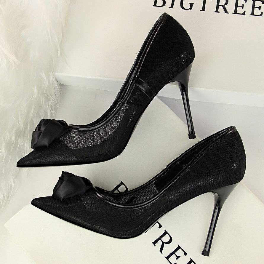 New Black Mesh High Heels Transparent Pure Desire Sexy Women Thin Heels Niche Hollow Pointed Flower Girl