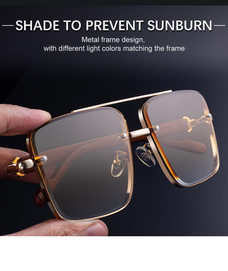 2025New European and American Fashion Square Frame Sunglasses for Men Retro Imitation Wood Grain Temple Double Bridge Sun Protection Sunglasses for Men