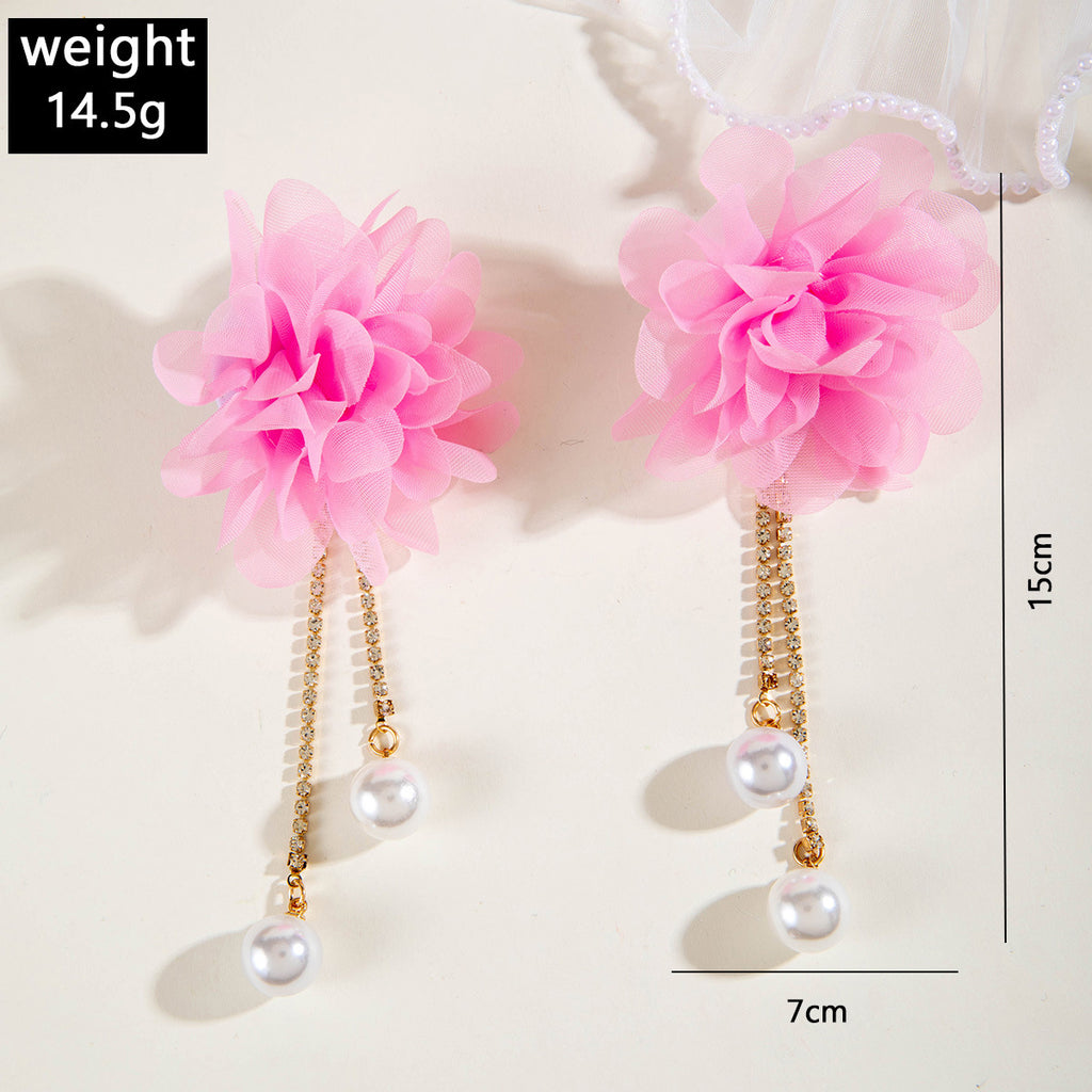European and American Style Exaggerated Imitation Pearl Tassel Flower Earrings Fresh and Elegant Temperament Earrings for Women