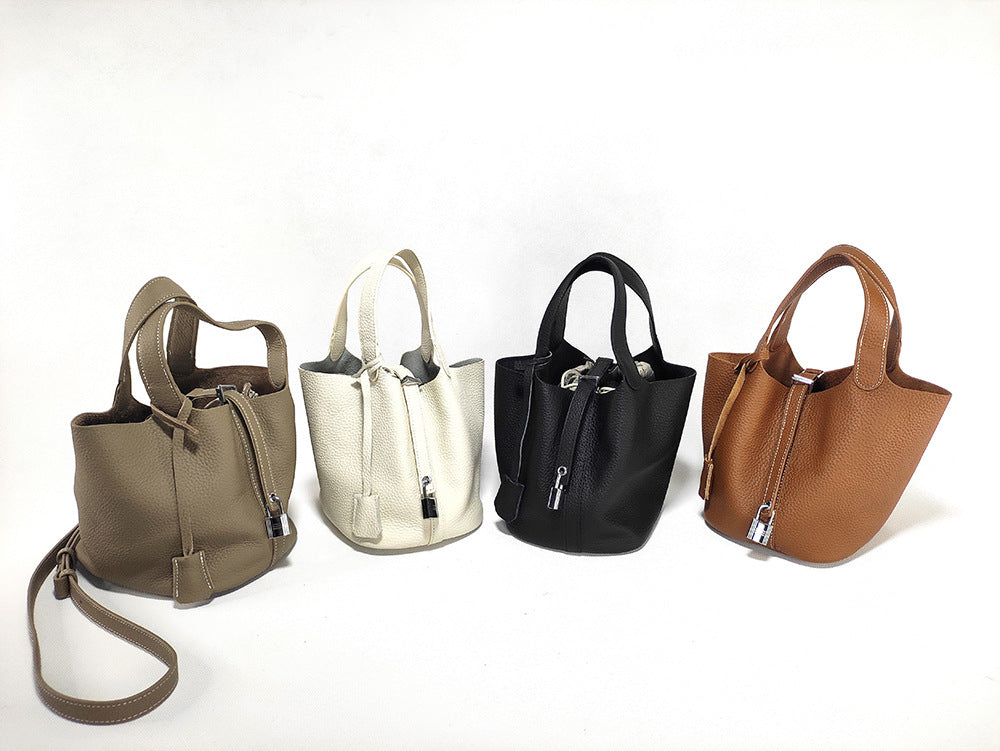 Women's Basket Bag2025New High-End First Layer Cowhide Bucket Bag Casual Handheld Women's Tote Bag Trendy