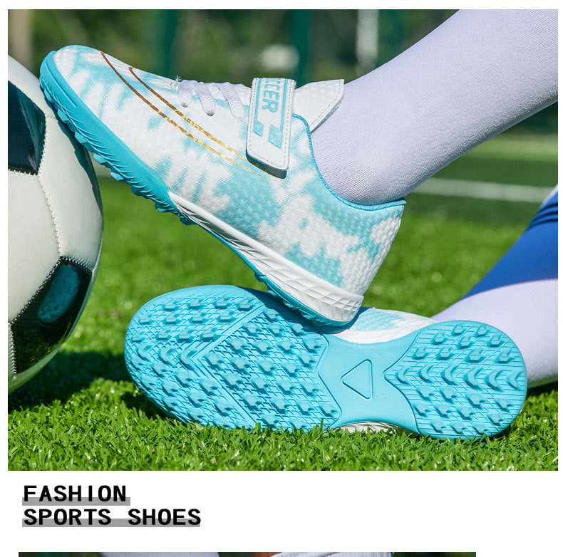 New Football Shoes for Men and Women, Children's Low-top Anti-collision Spike Magic Tape No-tie Grass Training Sports Shoes