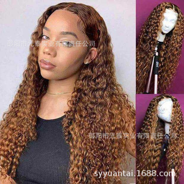 13X4 Highlight Curly Frontal Wig Honey Brown Synthetic Wigs