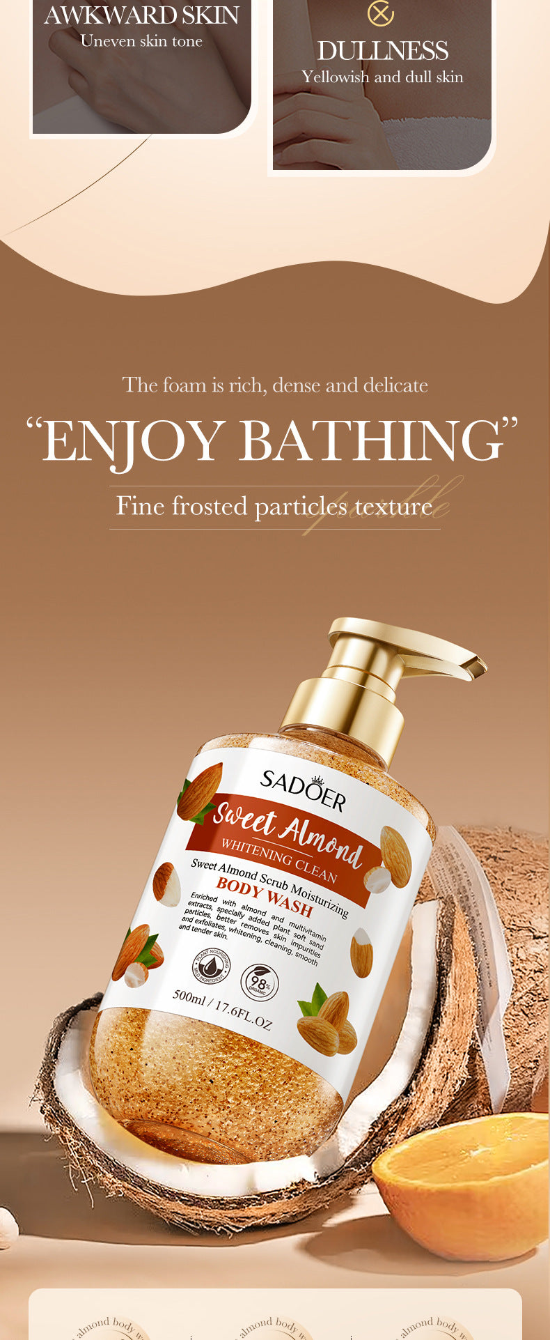 Full English Sweet Almond Whitening Scrub Body Wash500ml SADOER  foreign trade wholesale of cleansing body wash