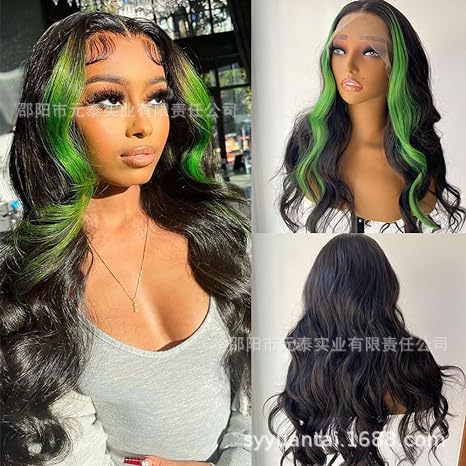 Highlight Green Body Wave Wig Skunk Stripe Lace Front Wig
