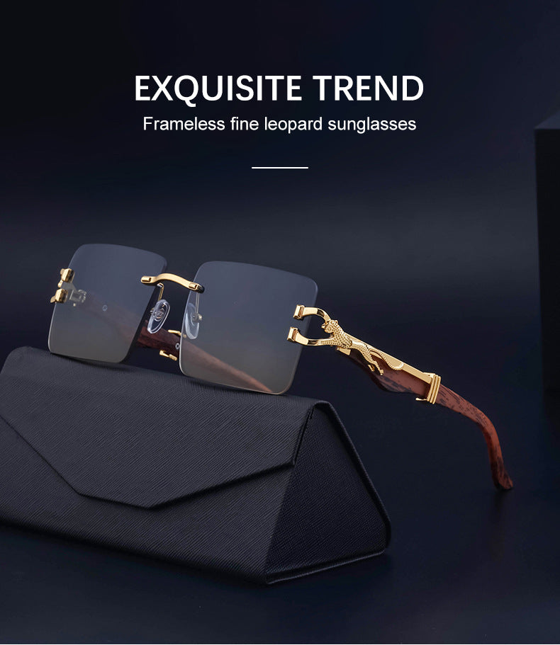 Vintage Rimless Sunglasses for Women with Leopard Wood Grain Temples, Square Frame Sunglasses for Men, Trendy Eyewear shades