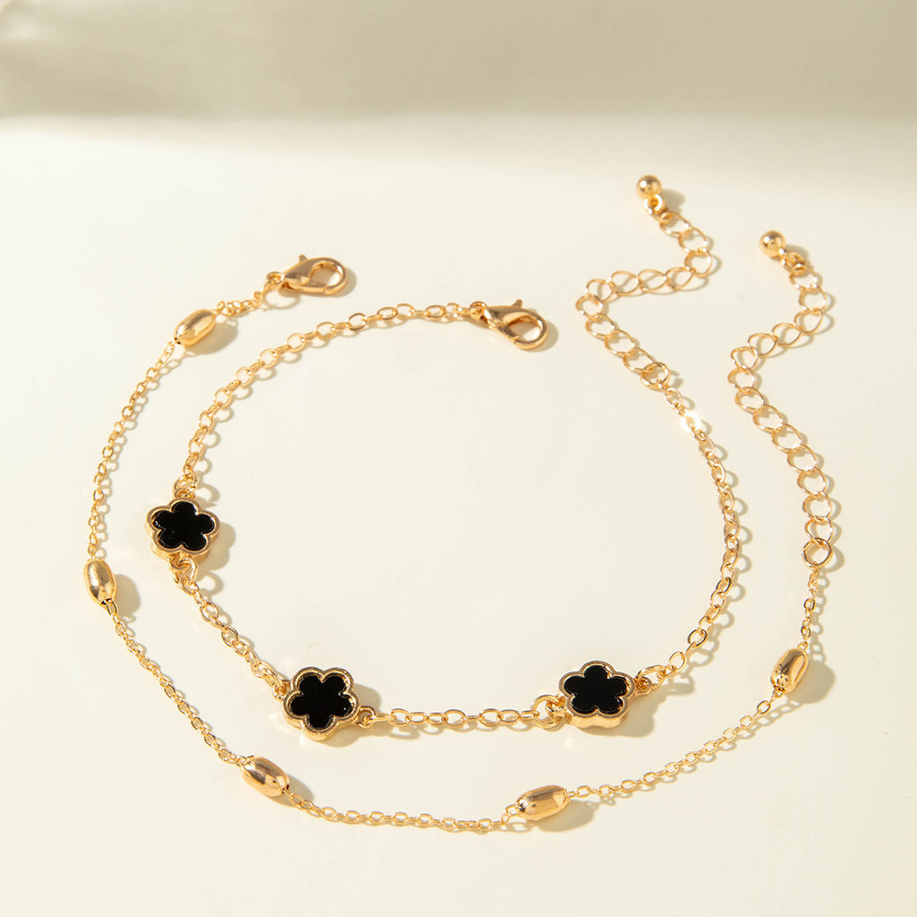 European and American Fashion Alloy Inlaid Diamond Five-Leaf Clover Bracelet Jewelry Three-Piece Set Simple Geometric Smooth Bracelet Wholesale