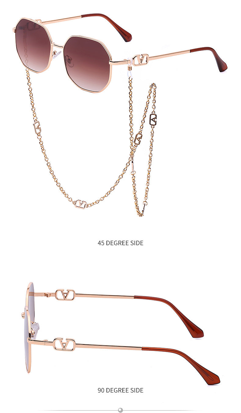 Chain Sunglasses for Women, Internet Celebrity Style, Anti-Drop Chain, Irregular Polygonal Full Frame Sunglasses for Women, Trendy