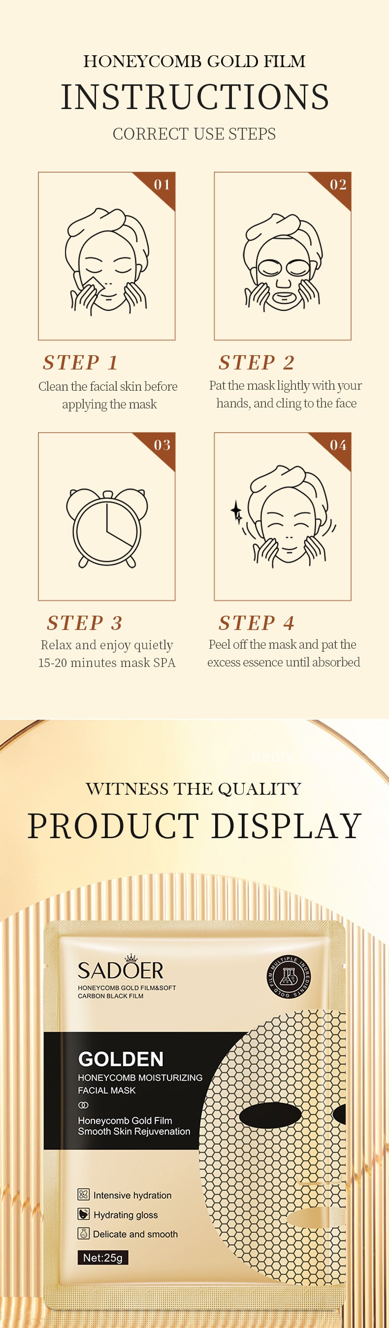 Full English Gold Mask SADOER Golden Honeycomb Mask Sheet Pack Moisture replenishment  Foreign Trade Wholesale