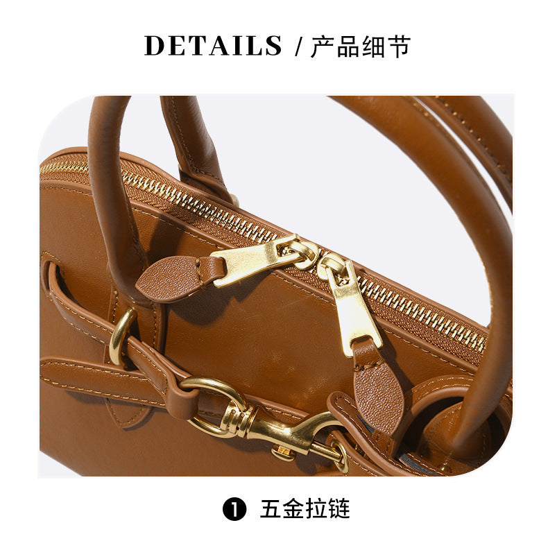 Miaojia Same Style European and American Retro Handbag Female Sense Top Layer Cowhide Crossbody Shell Bag Niche Boston Bag