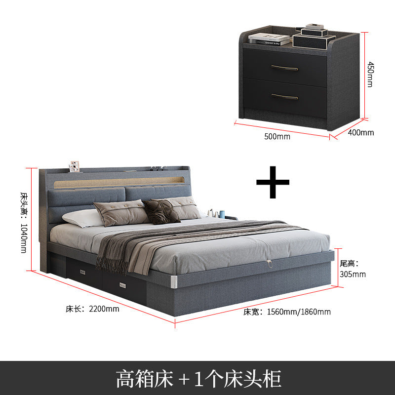 Technology Cloth Bed1.8Small Apartment Bedroom Double Bed Gray High Box Storage Bed with Technology Fabric Wear-Resistant Bed