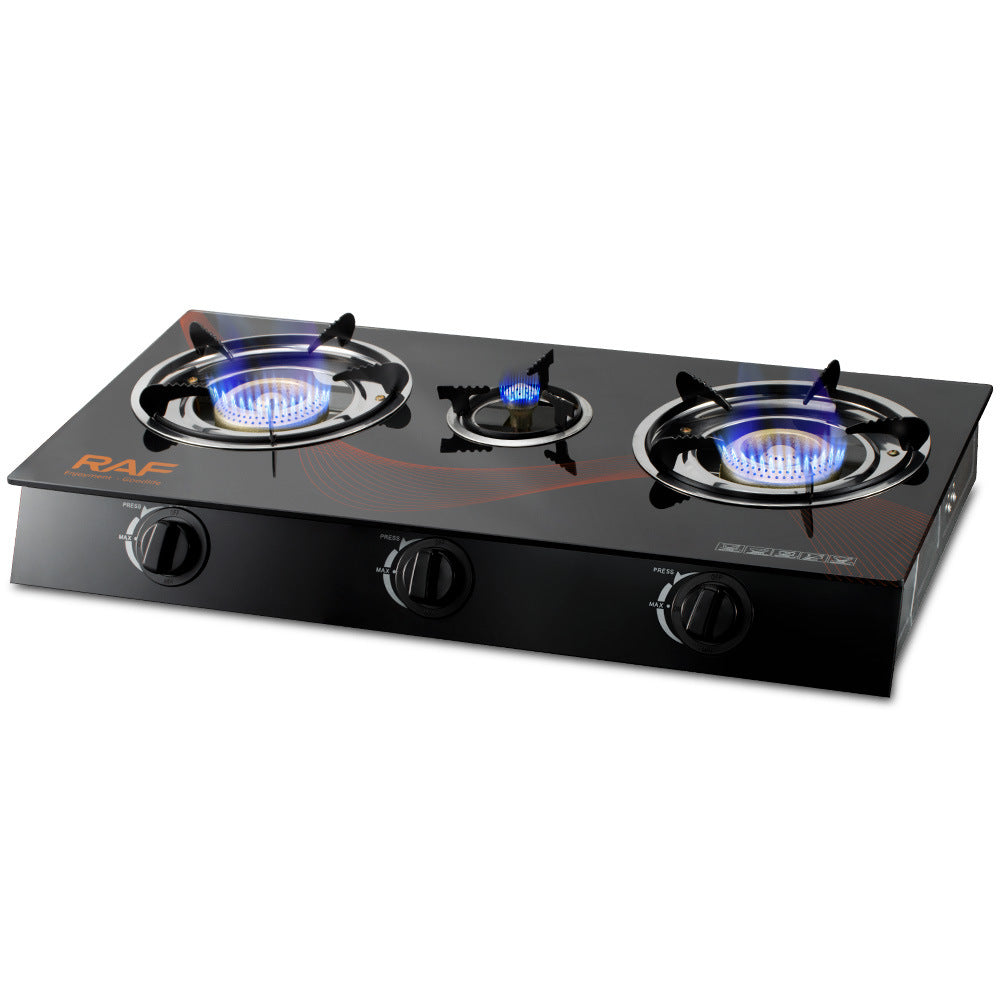 RAF Tabletop Flameout Protection Glass Rotating Fire Intense Gas Stove Three Burners Household Liquefied Gas Stove R.8052