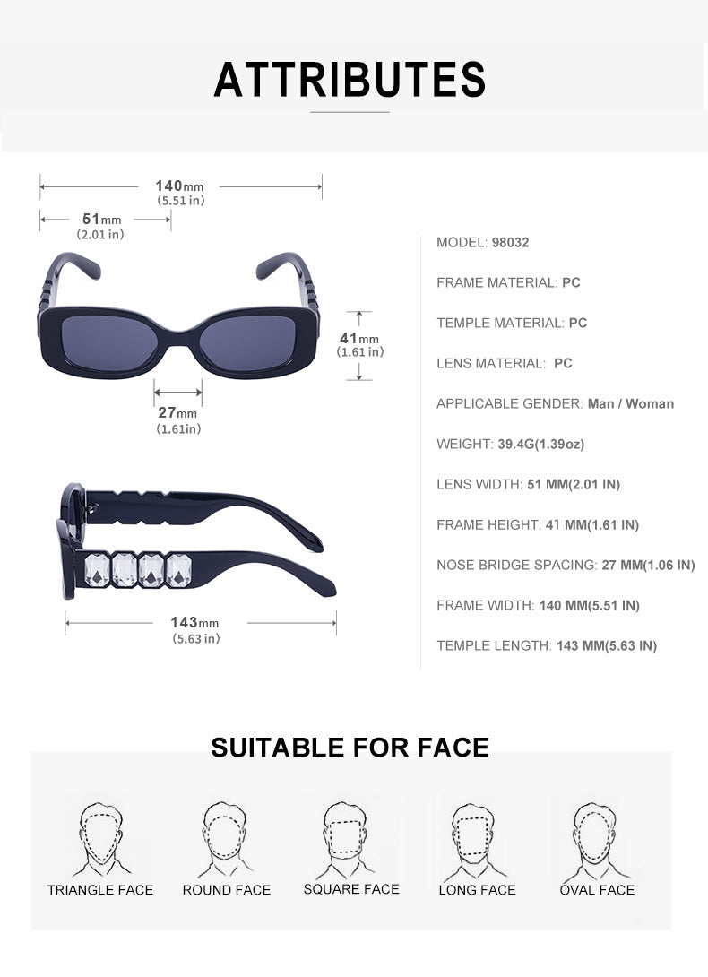 European and American Style Small Frame Sunglasses for Women with Rhinestones, Square Frame Sunglasses for Men, Wholesale Glasses sunglasses