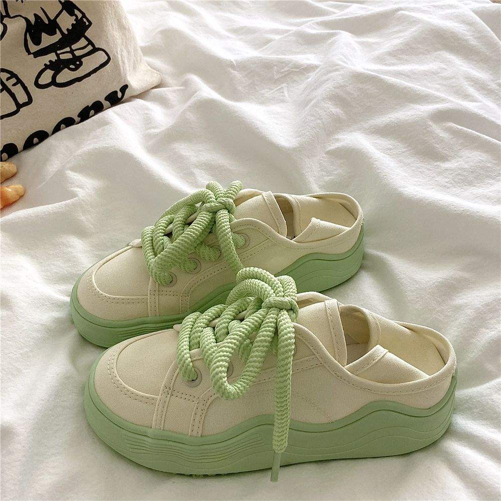 Honeydew Green~!Niche chic Korean Style Two-Way Canvas Shoes for Women, Summer Breathable Thin Versatile Thick-Soled White Shoes