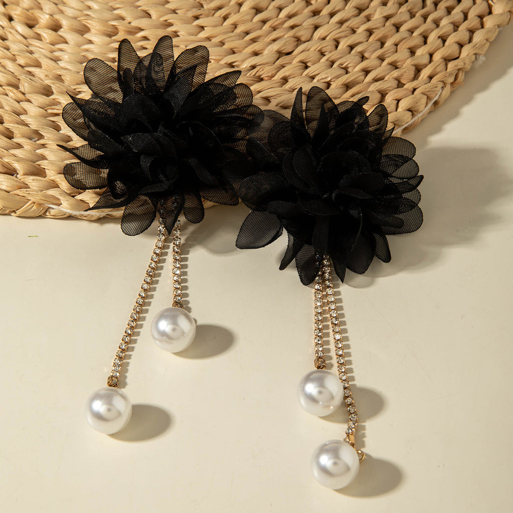European and American Style Exaggerated Imitation Pearl Tassel Flower Earrings Fresh and Elegant Temperament Earrings for Women