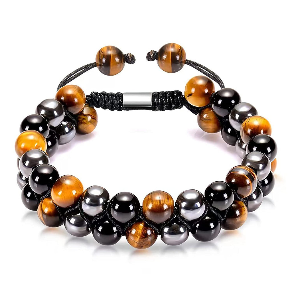 Tiger Eye Stone Woven Double Layer Bracelet Natural Stone Adjustable Stretch Bracelet Volcanic Tiger Eye Double Row Woven Bracelet