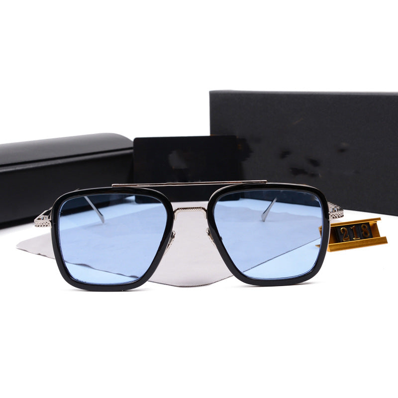 European and American Iron Man Style Sunglasses European and American Fashion Square Frame Sunglasses Men's Retro Metal Double Bridge Color Changing Glasses Frame