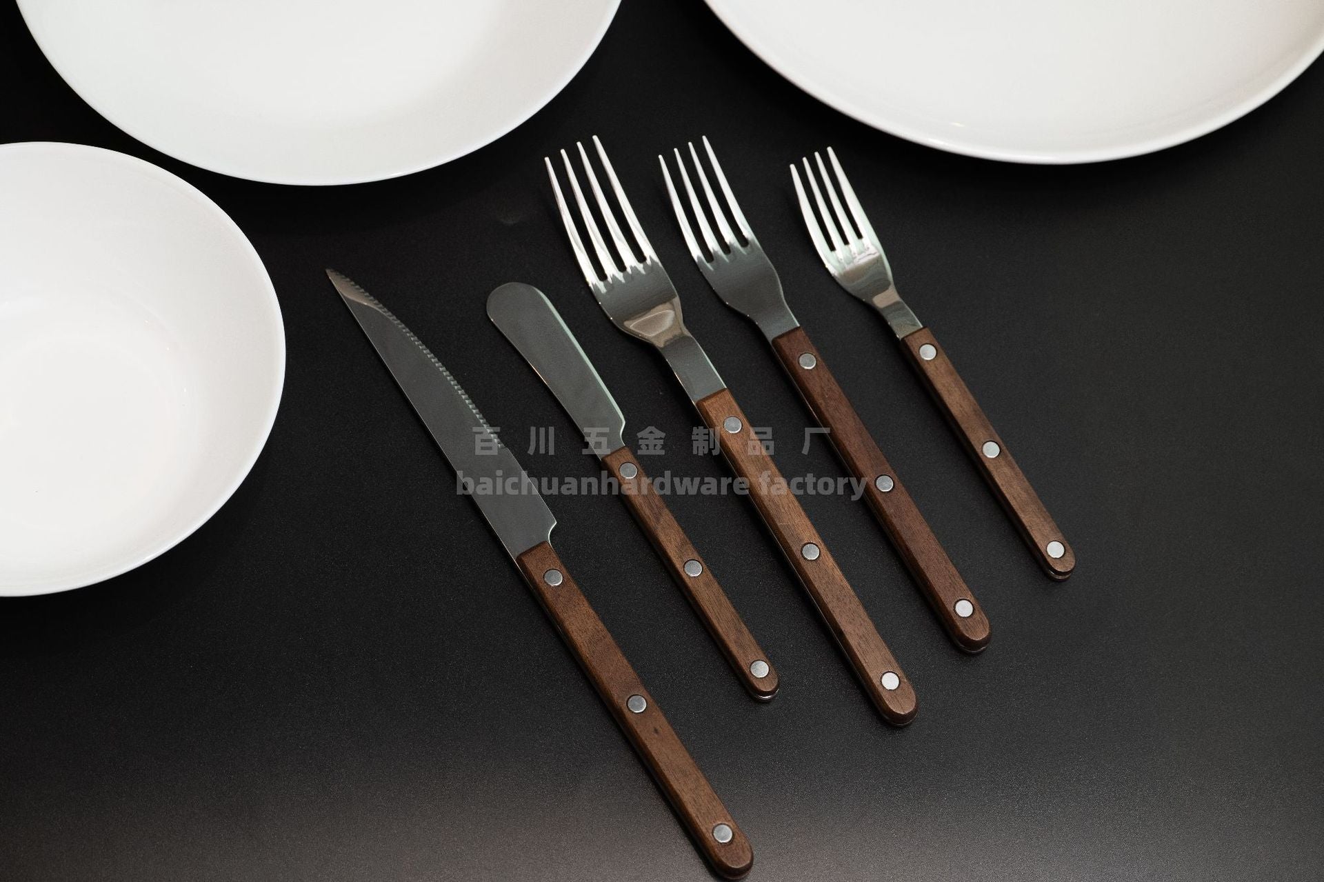 French Style Solid Wood Walnut Handle Western Cutlery Stainless Steel Knife Fork Spoon Wholesale Household Kitchen Western Restaurant