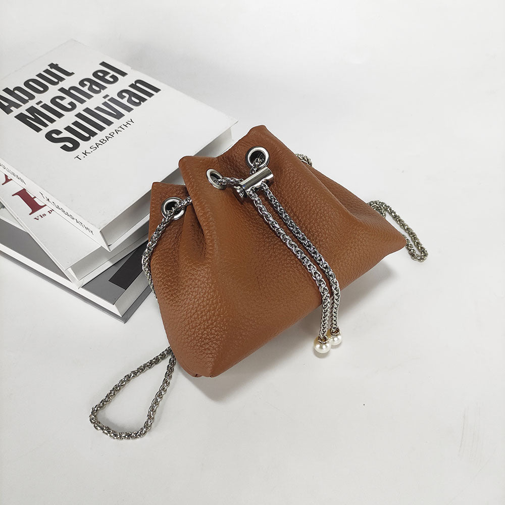 Niche Genuine Leather Bucket Bag for Women2024New Mini Small Bag Top Layer Cowhide Autumn Chain Shoulder Crossbody Bag